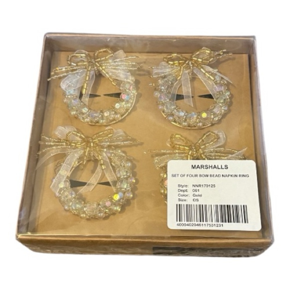 NWT Tahari Home Gold Wreath Bow Napkin Rings Set of 4 Christmas